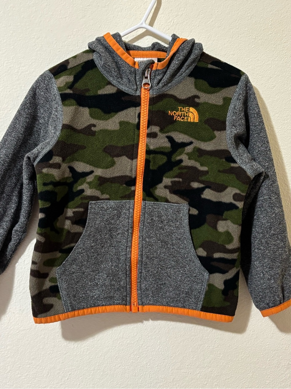 The North Face Kids Camo Fleece Hoodie in Green, Gray & Orange Trim
